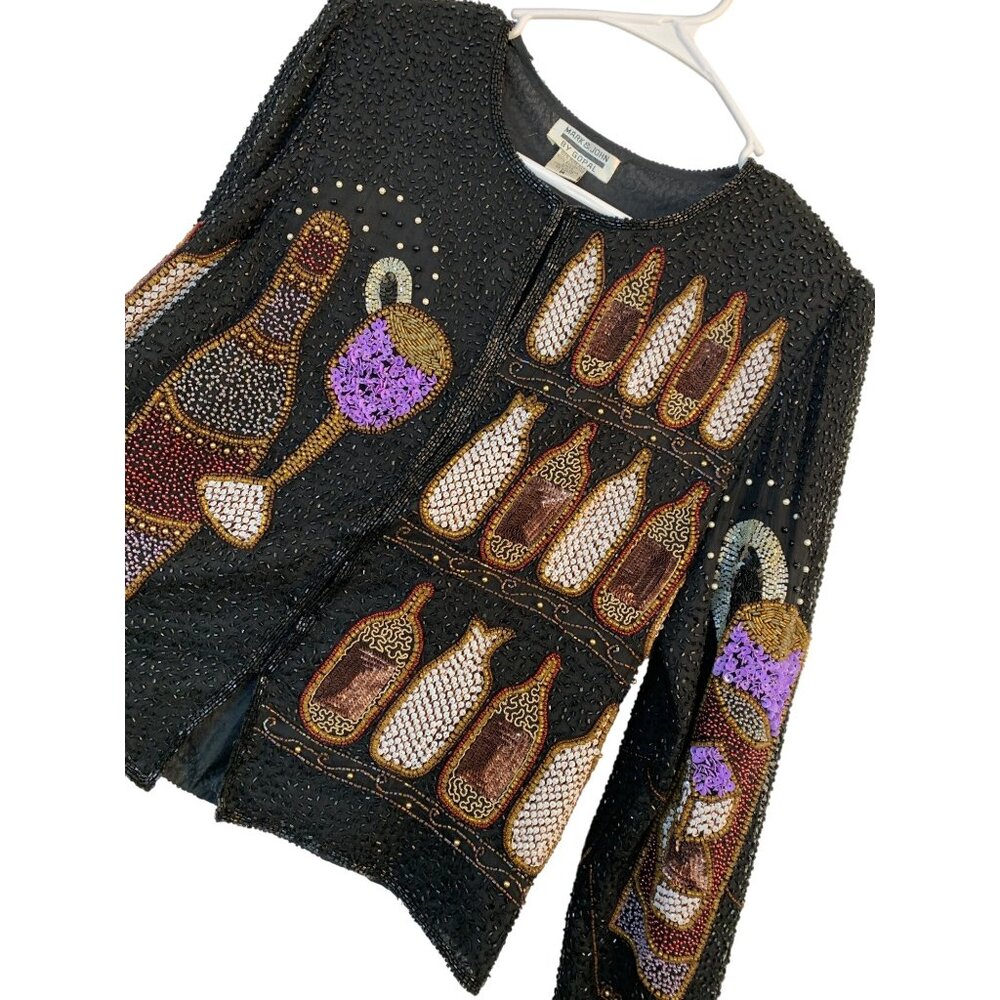 VTG 80s Gopal Black Beaded Jacket Champagne Theme 100% Silk Lined M 8695